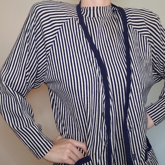 Vintage Cotton 2 Piece Mock Turtleneck Matching Cardigan Vertical Stripes Small - Picture 1 of 10